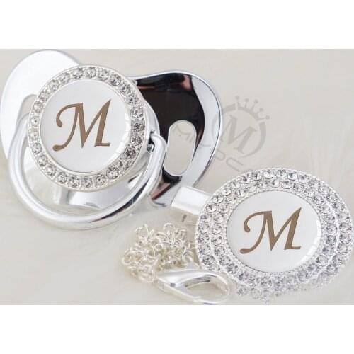 MIYOCAR silver name bling Initial letter M beautiful bling pacifier and pacifier clip BPA free dummy bling babyshower gift LM-1