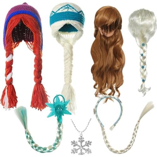 VOGUEON New Elsa Anna Accessories for Baby Girls Fancy Wigs Crochet Hats Princess Necklace Headband Braids Children Party Gifts