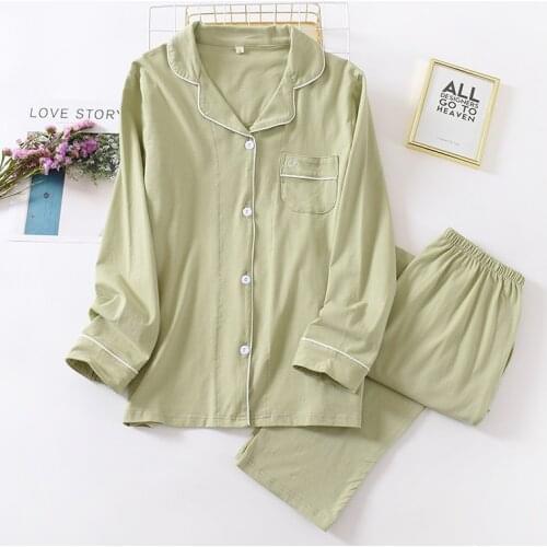 100% Cotton Green Pajamas Sets Women Pijama Buttons Sleepwear Autumn Long Pants Homewear Women Pyjamas Solid Pj Set Home Clothes
