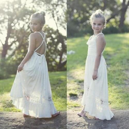 Bohemian Country Flower Girls Dresses Spaghetti Criss Cross Backless Chiffon Kids Formal Party Gown for Beach Girl Pageant Skirt