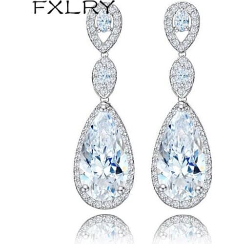 FXLRY Elegant Dangles White Color Long Earrings for Women Wedding Earrings Water Drop Zircon Party Gift