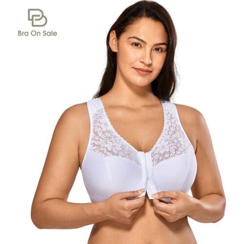 Womens Full Coverage Wirefree Lace Plus Size Front Closure Bra Racerback