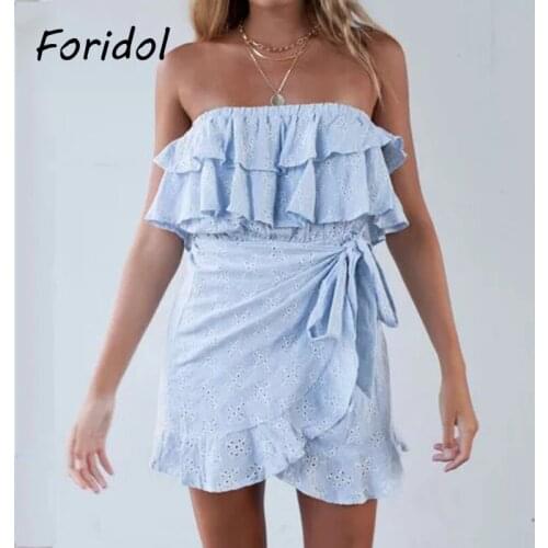 Foridol Embriodery Hollow Out Off Shoulder Summer Dress Women Casual Ruffle Cotton Sleeveless Blue Dress Beach Dress 2021