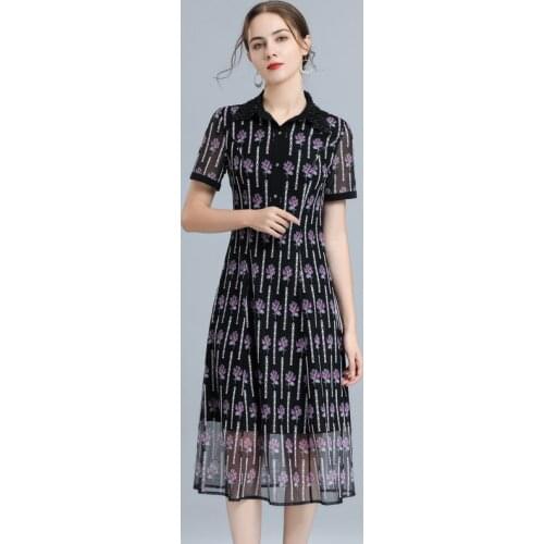 4XL Dress Vestidos De Festa 2021 Summer Fashion Party Events Women Beading Turn-down Collar Hollow Out Embroidery Dress Female