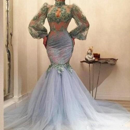 Vestido debutante 2019 High Quality Mermaid Evening Formal Dress Sheer High Neckline Custom Made Long Sleeves Evening Gown Beads