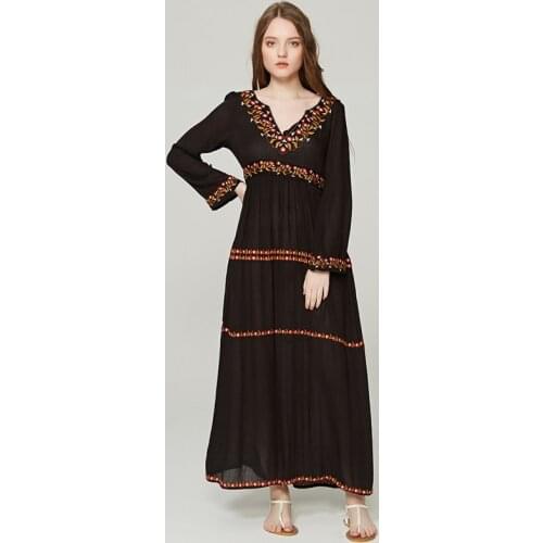 2020 summer new Korean fashion womens slimming dress bohemian ethnic style retro embroidered V-neck long sleeve long dress