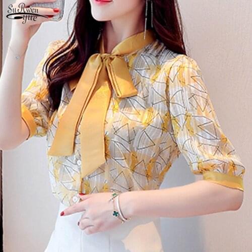 2021 Summer New Sweet Puff Sleeve Shirt Loose Fit Bow Collar Short Sleeve Tops Bow Tie Elegant Printed Chiffon Blouse Women 9547