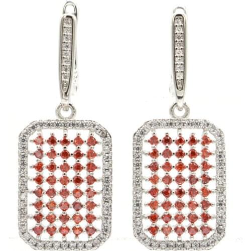 37x14mm SheCrown Romantic Created Orange Spessartine Garnet White Bright Cubic Zircon Ladies Silver Stud Earrings