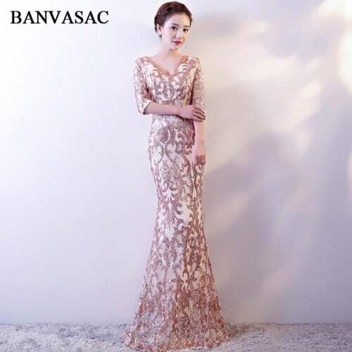 BANVASAC 2019 Deep V Neck Sequined Mermaid Long Evening Dresses Party Appliques Illusion Zipper Back Prom Gowns