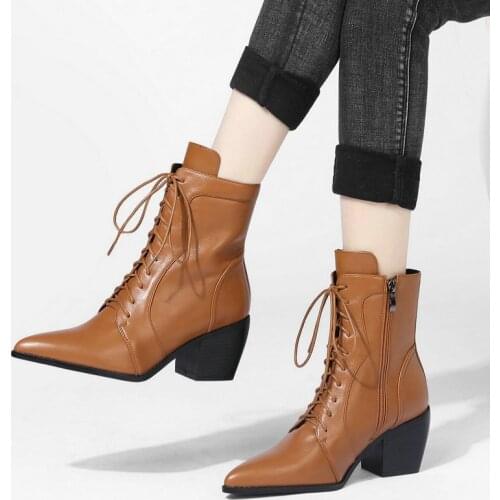 Brown Ankle Boots Woman Chunky Heels Zipper Riding Boots Fashion Cross-strap Pointed Toe Short Boots Winter New Shoes Pop