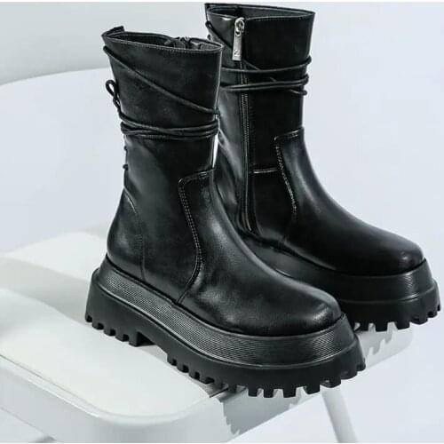 Womens High Boots Womens Ankle Boots Platform Fashion 2021 Ladies Boots PU Leather Shoes Lace Up Thick Bottom Female Footwear