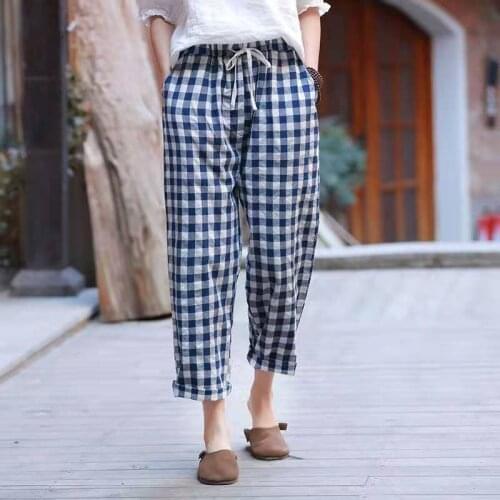 New Arrival Spring/autumn Women Loose Casual Elastic Waist Ankle-length Pants All-matched Plaid Cotton Linen Harem Pants W12