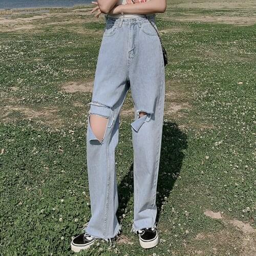 Women Jeans High Waist Ripped Loose Jeans 2020 Summer Casual Denim Trousers Wide Leg Light Blue Streetwear Fashion Vintage Pants