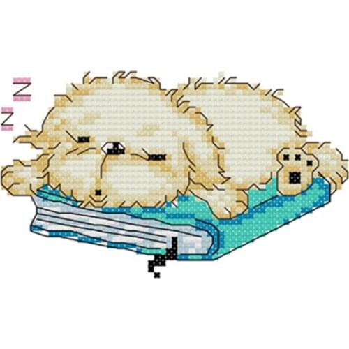 Puppy Fall asleep on a Book Cartoon Counted Kit Stamped Cross Stitch Kit