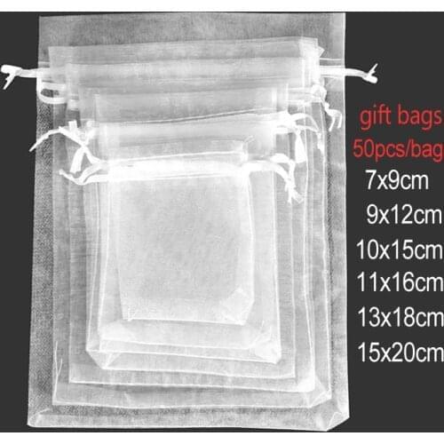 25/50 Pcs/lot White Drawstring Organza Bag Small Pouches Jewelry Package Bags Christmas Wedding Packaging Gift Bags 6 sizes 6Z
