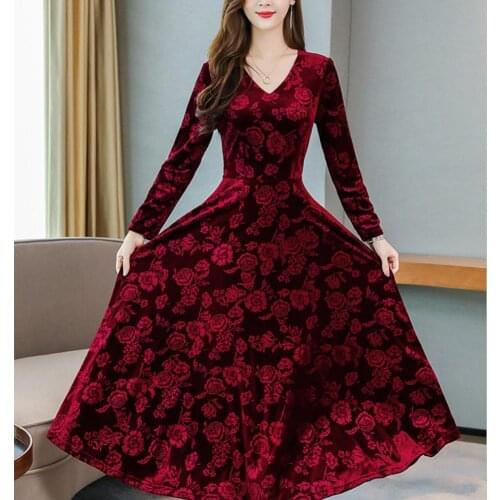 Fashion Autumn Winter Dress Women Clothing V-neck Long Sleeve Medium Dress Printing Temperament Dresses for Women