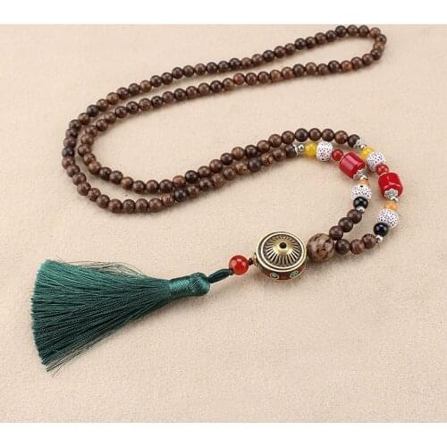 Fashion Vintage Handmade Mala Necklace Nepal Buddhist Wood Beads Pendant & Necklace Ethnic Fish Horn Long Men Womens Jewelry