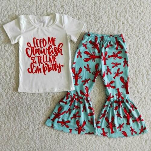 No MOQ Boutique Clothes Outfits For Kids Girls Short Sleeves Tops Bell Bottom Pants Lobster Stripe New Fashion Clothing Baby Set