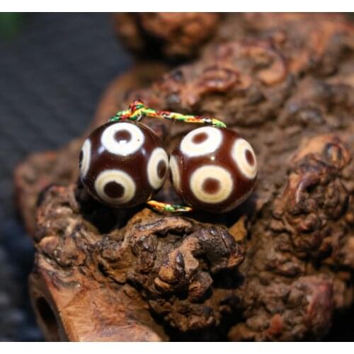 A Pair of Magic Tibetan Old Agate Red Color 8 Eye Elements Round Totem dZi Bead Timestown UPD210106A