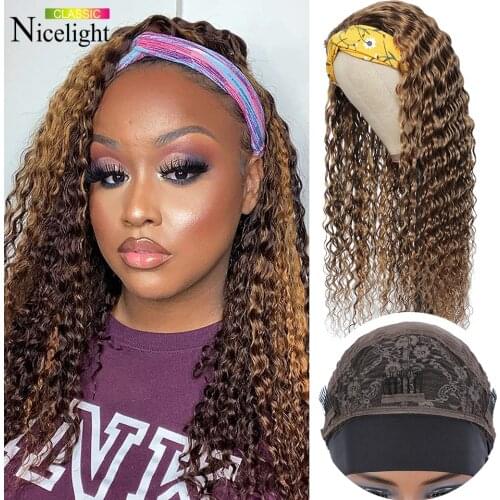 Glueless Brazilian Highlight Deep Curly Headband Wig Ombre Blone Human Hair Wigs Nicelight Full Machine Made Remy Wig For Women