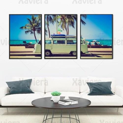 California Style Seascape Canvas Art Painting Retro Poster Home Decor Mural Beach Scenery Camper Bus Poster and Print Frameless