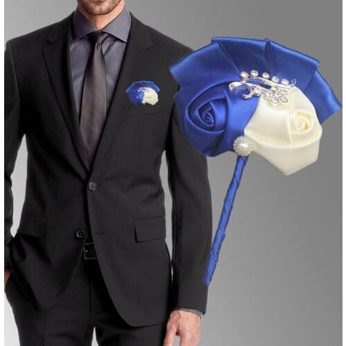 Handmade Royal Blue Ivory Wedding Corsages Boutonniere Groom Boutonniere Wedding Flowers Boutonniere Pin Brooch Custom