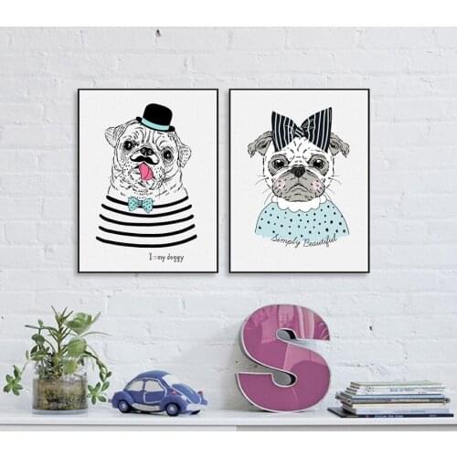 Hand Drawn Portrait Of Cute Pug Doggy Hipster Girl Boy Art Print Poster , Cartoon Pug-dog Poster Canvas Painting Wall Decoration