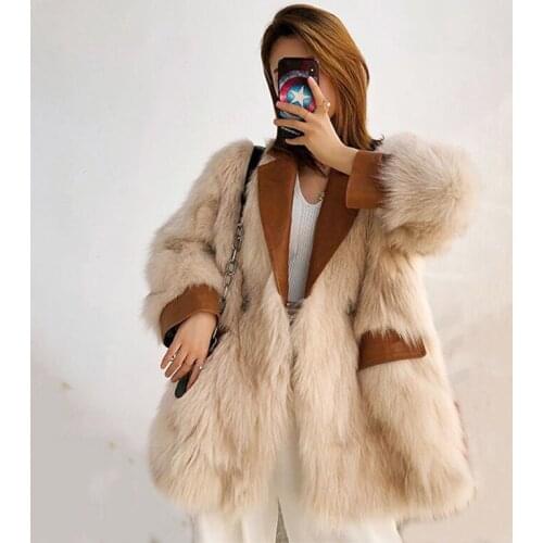 2021 Winter Fox Fur Jacket Autumn mid-length Fur Coat Stitching Leather PU Coat Women Single Breasted Coat