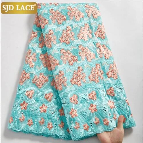 SJD LACE 2021African Dry Lace Fabric Cyan Swiss Voile Lace Embroidery 5Yards Wedding Dress Material Sewing In Switzerland A2498