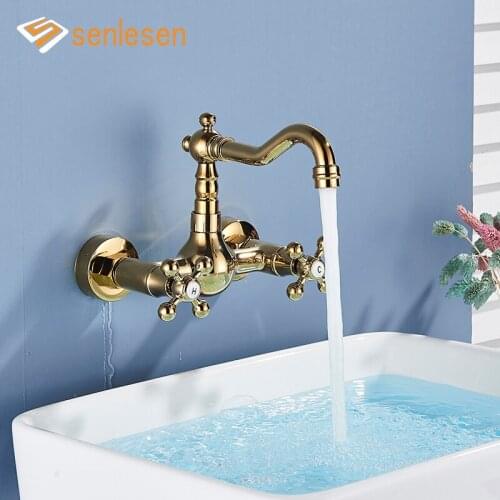 Senlesen Kitchen Sink Faucet Golden Polish Tap Faucet Deck Mount Hot and Cold Water Double Handles Para Kitchen Sink