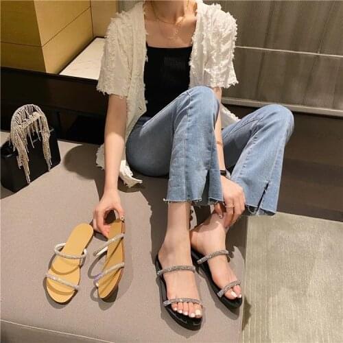 New Rhinestone Bright Diamond Slippers Crystal Hollow Flat Slide Ladies Open Toe Comfort Slip On Outdoor Beach Sandals
