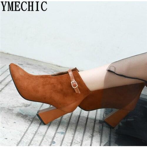 YMECHIC Retro Office Ladies Shoes High Hoof Heels Pointed Toe Buckle Womens Shoes Plus Size Riding Ankle Boots Bootie Red Brown
