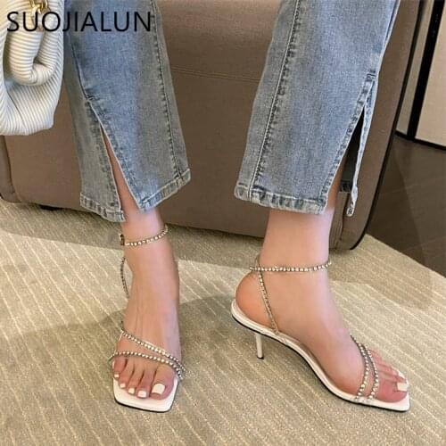 SUOJIALUN Fashion Bling Crystal Ankle Strap Women Sandals Summer Narrow Band Gladiator Sandal 2022 Thin High Heel Party Dress Sh