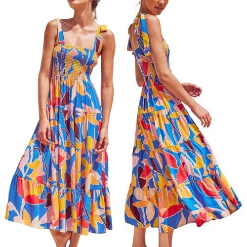 Women Printed Slip Dress Adults Summer Sleeveless Tie Up Boat Neck Maxi 2021 New Style High Quality Fashion