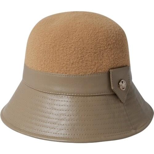 Winter Fisherman Hat For Women Girl All-match Wool Stitching PU Panama Fishing Caps Autumn Outdoor Soft Warm Bucket Hat Femme