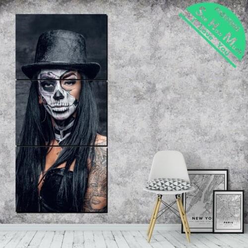 3 Pieces Make-Up Black Girl The Dear Skull HD Printed Canvas Painting Pictures for Home Decoration Wall Art Living Room Poster