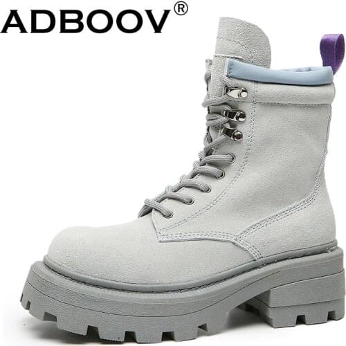 ADBOOV 2020 Genuine Leather Martins Women Boots Platform Suede Ankle Motorcycle Boots Female Fall Winter Chunky Shoes Ladies