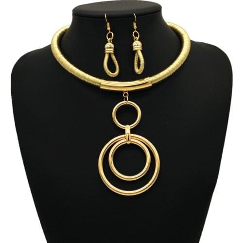 Exaggerated Vintage Jewelry Sets 6 Colors Braided Chain and Dangle Earrings Golden Metal Ring Pendants Necklaces Sets for Women