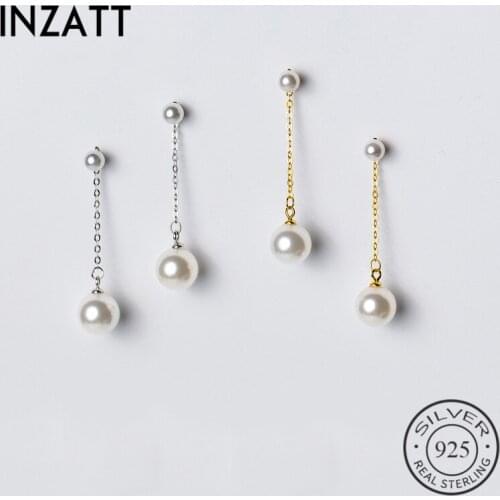 INZATT Real 925 Sterling Silver Minimalist Round Pearl Stud Earrings For Fashion Women Fine Jewelry Chain Tassel Accessories