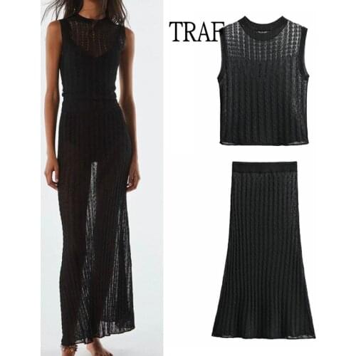 TRAF 2 Piece Set Za 2021 Sexy Hollow Out Knit Women Top +Summer Fashion Casual High-Waisted Skirt Women Clothing Perspective Top