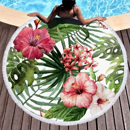 Flowers Round Beach Towel Microfiber Leaves Bath Towel Tassels Tropical Plants Red Green White Picnic Mat toallas