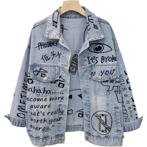 Autumn Streetwear Fashion Letter embroidery Denim Jacket Coat Women Loose Short Hip Hop Outwear Korean Blue Jeans Jackets Female
