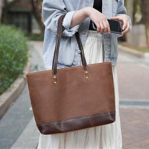New style leather Women shoulder bag ladies large-capacity crazy horse leather handbag fashion tote bag contrast color
