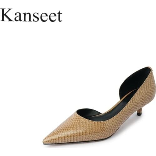 Kanseet 2021 New Womans Pumps Spring Autumn Genuine Leather High Quality Handmade Pointed Toe Hot Sale Footwear Mid Heels Shoes