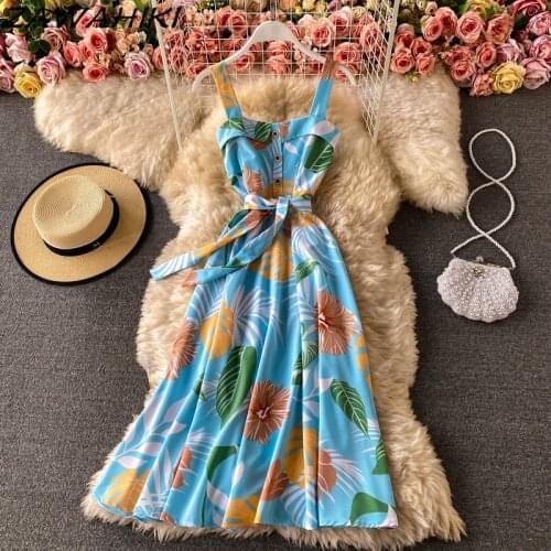 OCEANLOVE Vintage Print Camis Beach Style Slim Waist Woman Dress 2021 Spring Floral Square Collar Sleeveless Mid-calf Femme Robe
