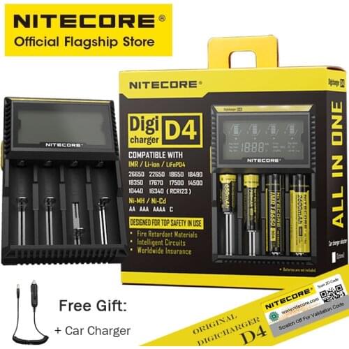 Original NITECORE D4 Digicharger LCD Smart Battery Charger for 18650 14500 16340 26650 A AA AAA Batteries with Free Car Charger