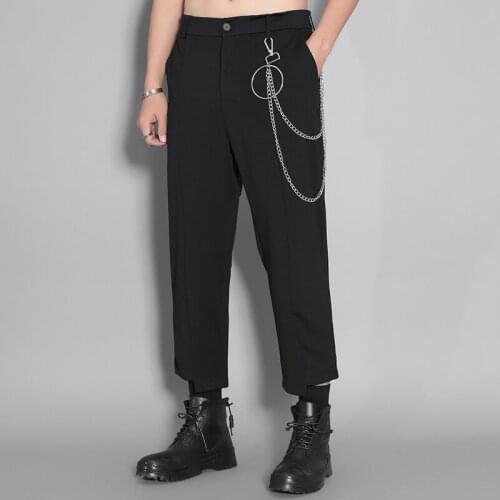 Autumn and Winter Wear Dark Hong Kong style individual trouser leg chain design nine-point trousers mens casual trousers