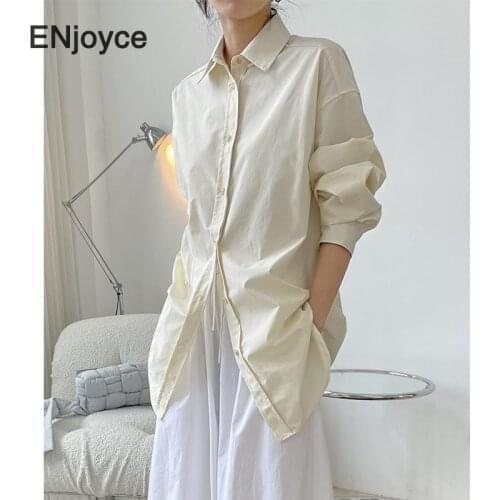 Trendy Cream Color Lapel Shirts Women Long Sleeve Blouse Office Ladies Workwear Spring Fall Korean Style Casual Loose Long Shirt