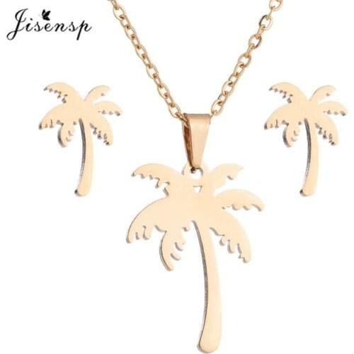 Jisensp Stainless Steel Jewelry Sets Tropical Coconut Trees Necklace Earrings Fashion Jewelry for Women Bohemian Jewelry Gift