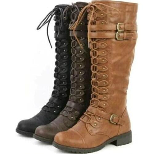 Women Knee high Boots Autumn Winter Lace Up Flat Shoes Sexy Steampunk PU Retro Buckle women shoes Ladies Snow Boots yui8